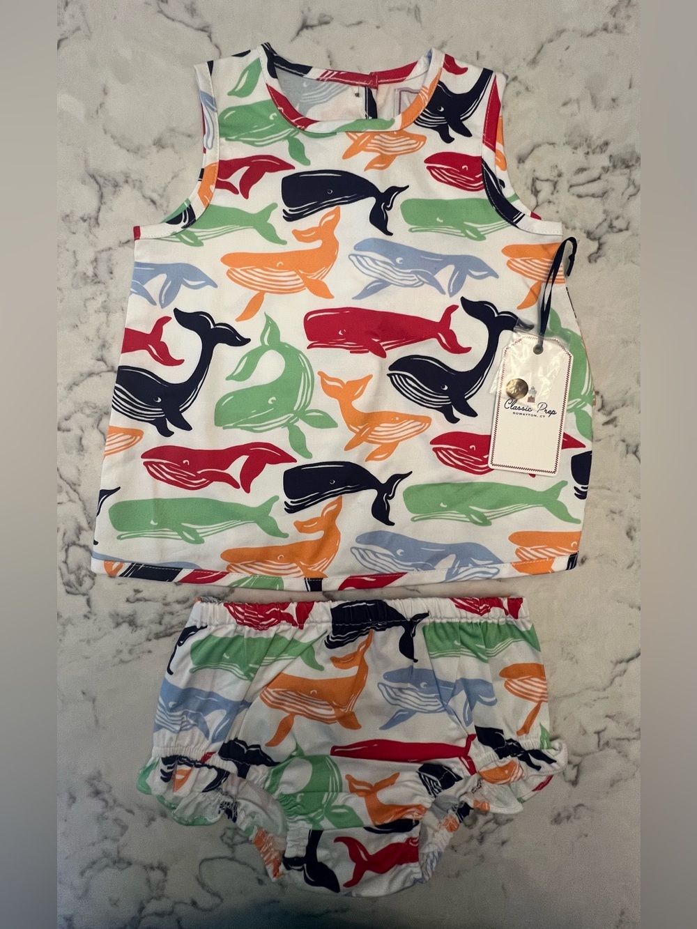 Classic Prep Whale Watch Print Tank & Bloomers in Red, Navy, Green, Orange